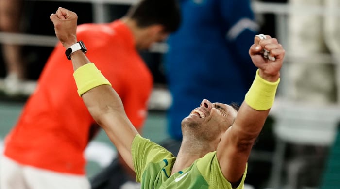 Rafael Nadal celebrates after beating Novak Djokovic at the French Open.